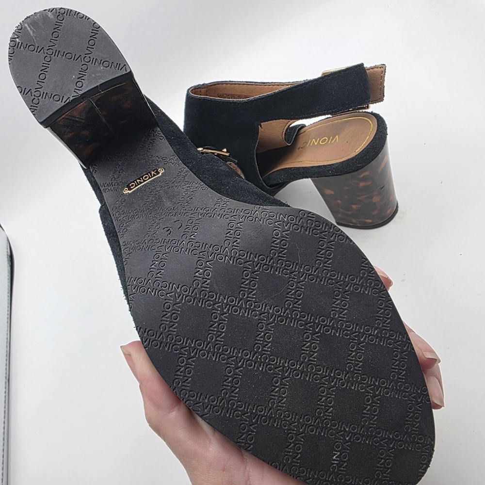 Vionic Lacey Suede Booties Size 9.5 Tortoise Block Heel Black Leather Mob Wife - Picture 10 of 14